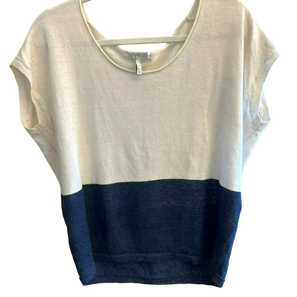Joie Women's Cream Navy Color Block Scoop Neck Sleeveless Sweater XS 100 Linen